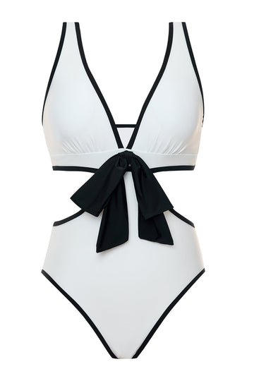White Cut Out One-Piece V Neck Bikini with Bow